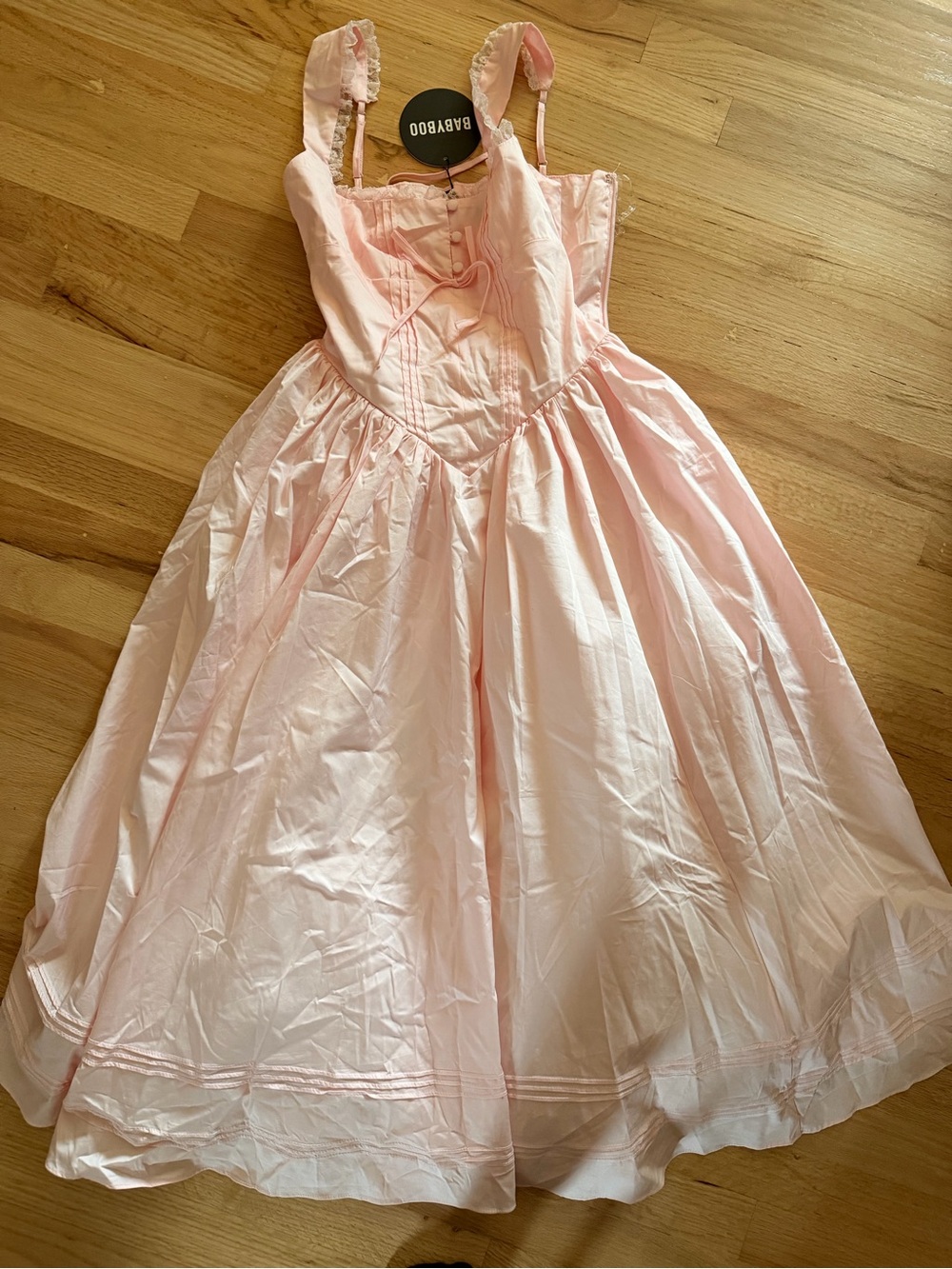 Pale Pink Midi Corset Tea Dress with Delicate Straps - Picture 5 of 5